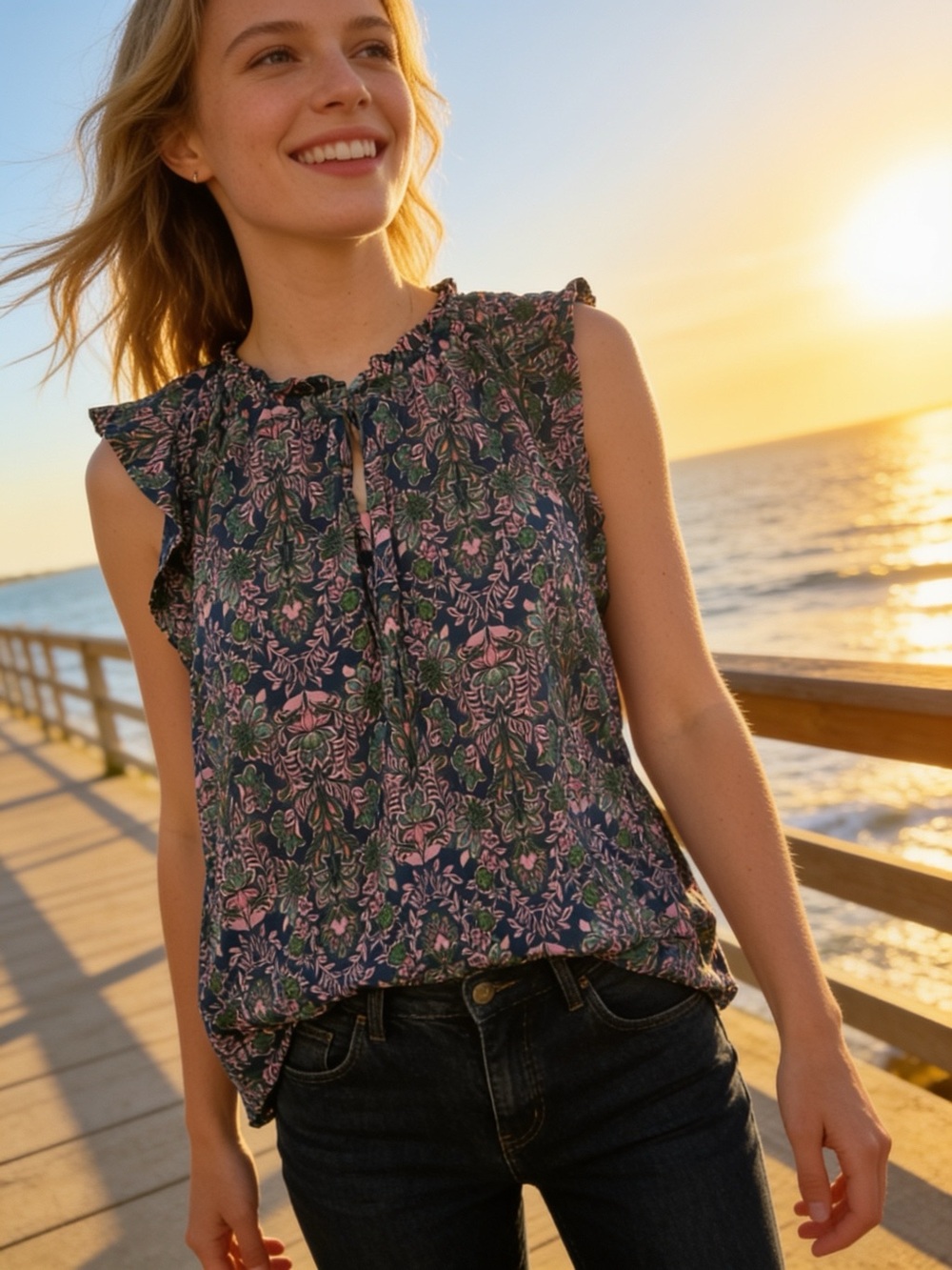 J.Jill Flutter Sleeve Paisley Floral Knit Blouse Navy Pink Green Medium